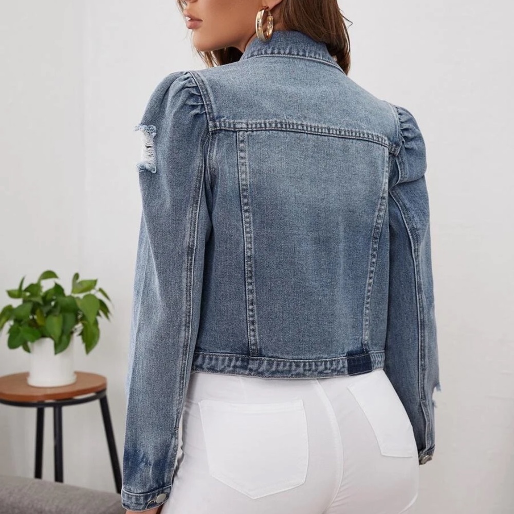 Boho Distressed Puff Sleeve Cropped Denim Jacket - Picture 6 of 10